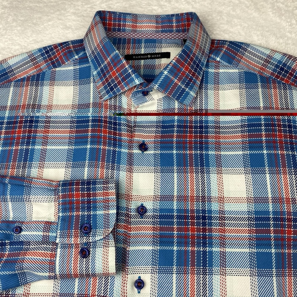 Hammer Made Shirt Mens 18.5 (46) Red/White/Blue Plaid Flip Cuffs Heavier Weave